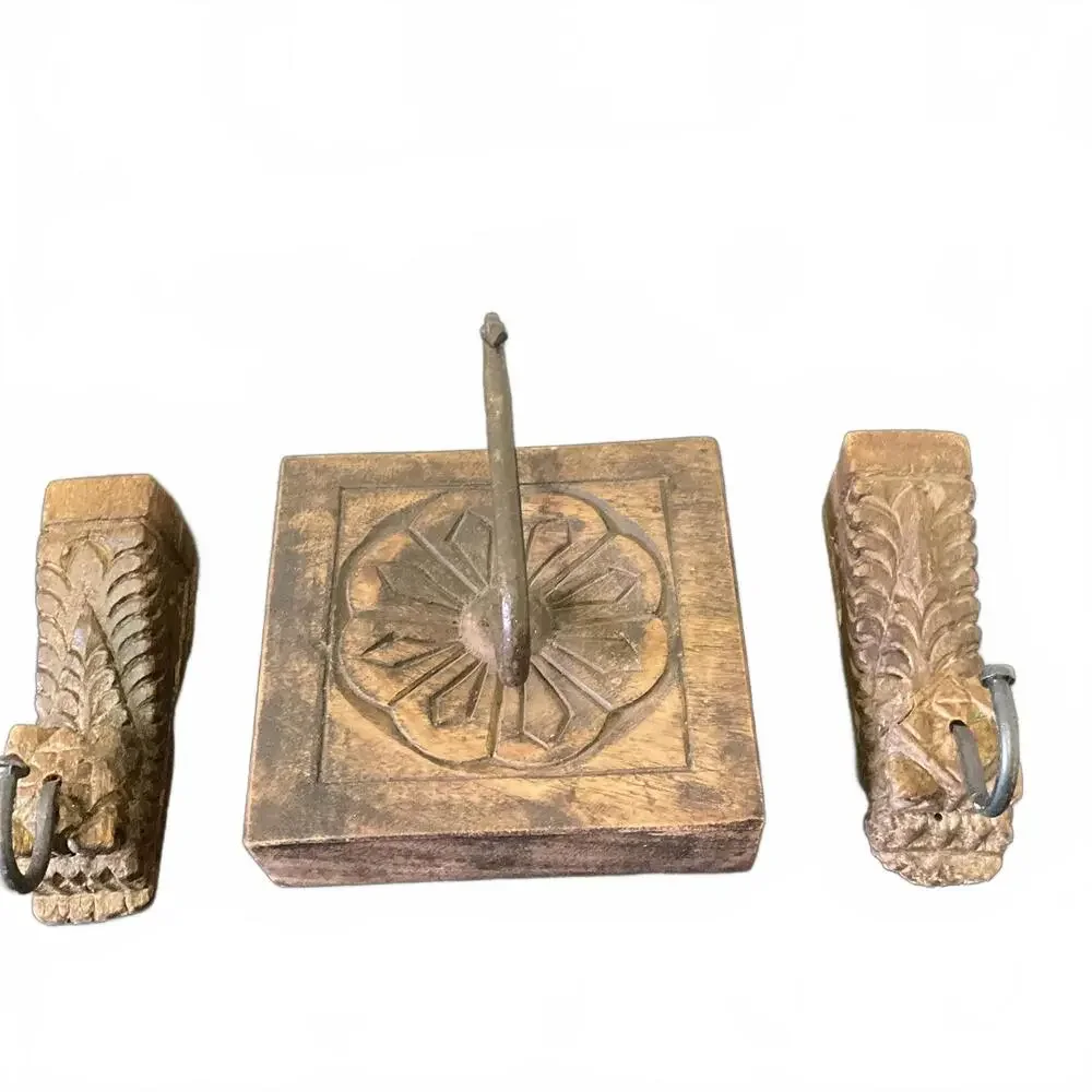 Wooden Hand Carved Dark Wood Floral Hanger Hook Wall Hanging Ancient Hook 3 PC